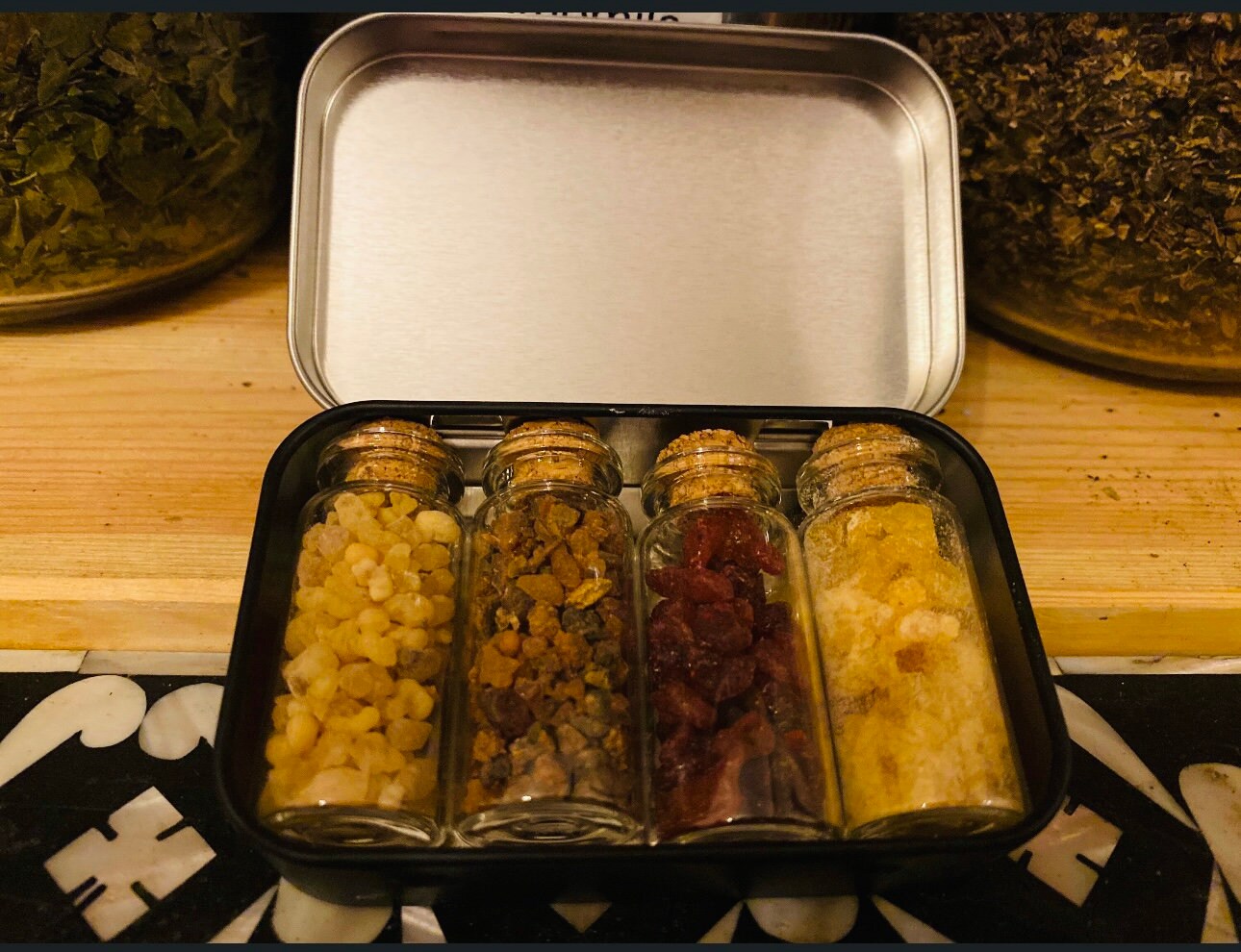 Four Witchy Resins in a Tin Dragons Blood Frankincense Myrrh Pine