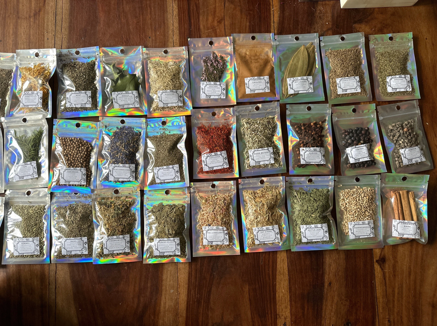 Witches dried herb kit in heat sealed foil bags