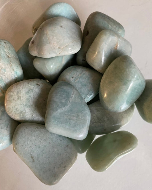 Tumbled Amazonite throat chakra bestows truth honour and integrity treats fatigue trauma help thyroid glands aids in treating alcoholism