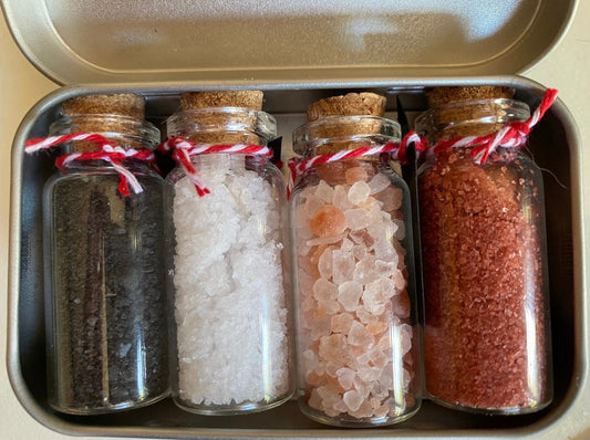 Four witches salts in a tin, witchcraft, ritual salts, wiccan altar, correspondents