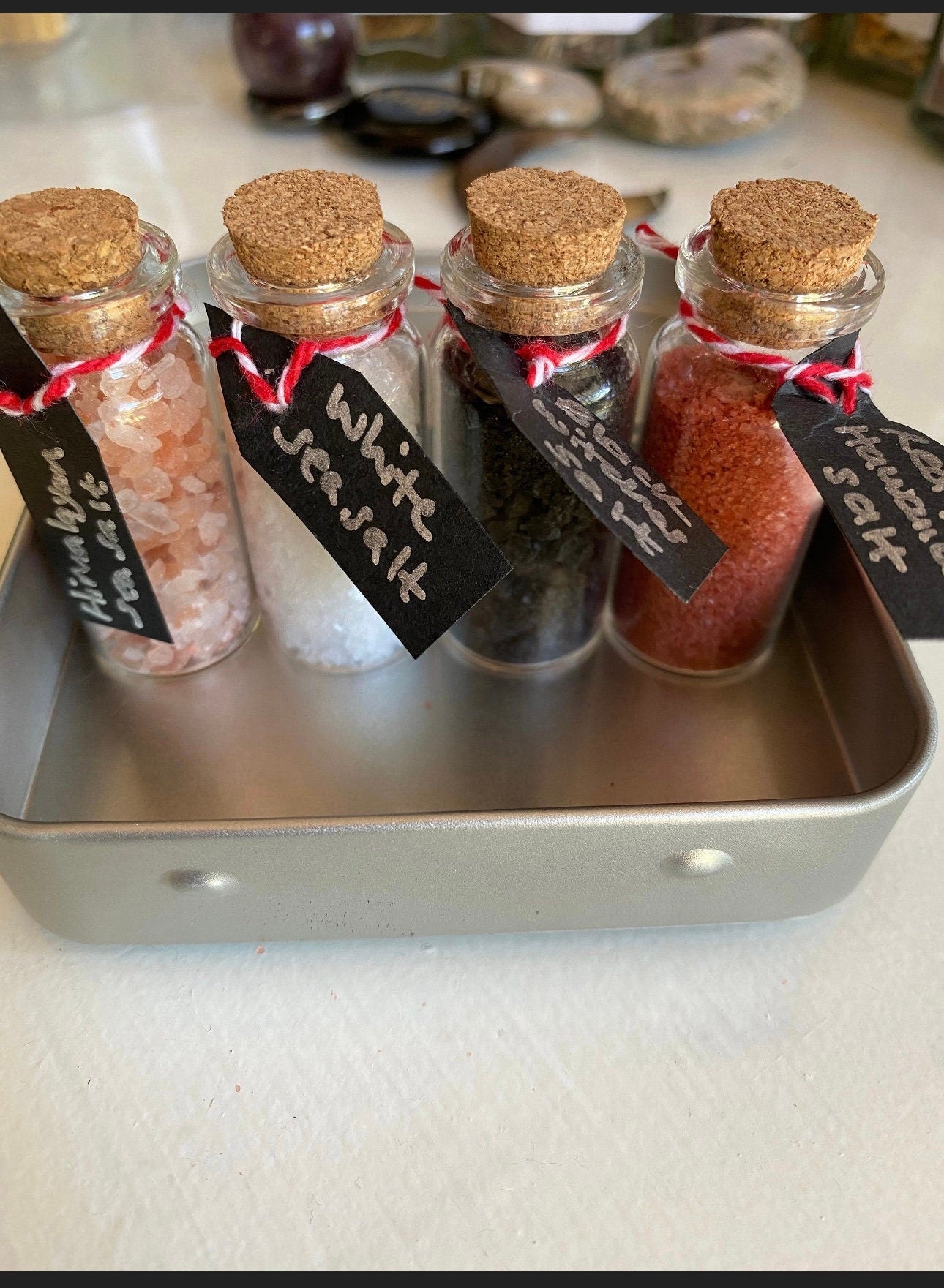 Four witches salts in a tin, witchcraft, ritual salts, wiccan altar, correspondents