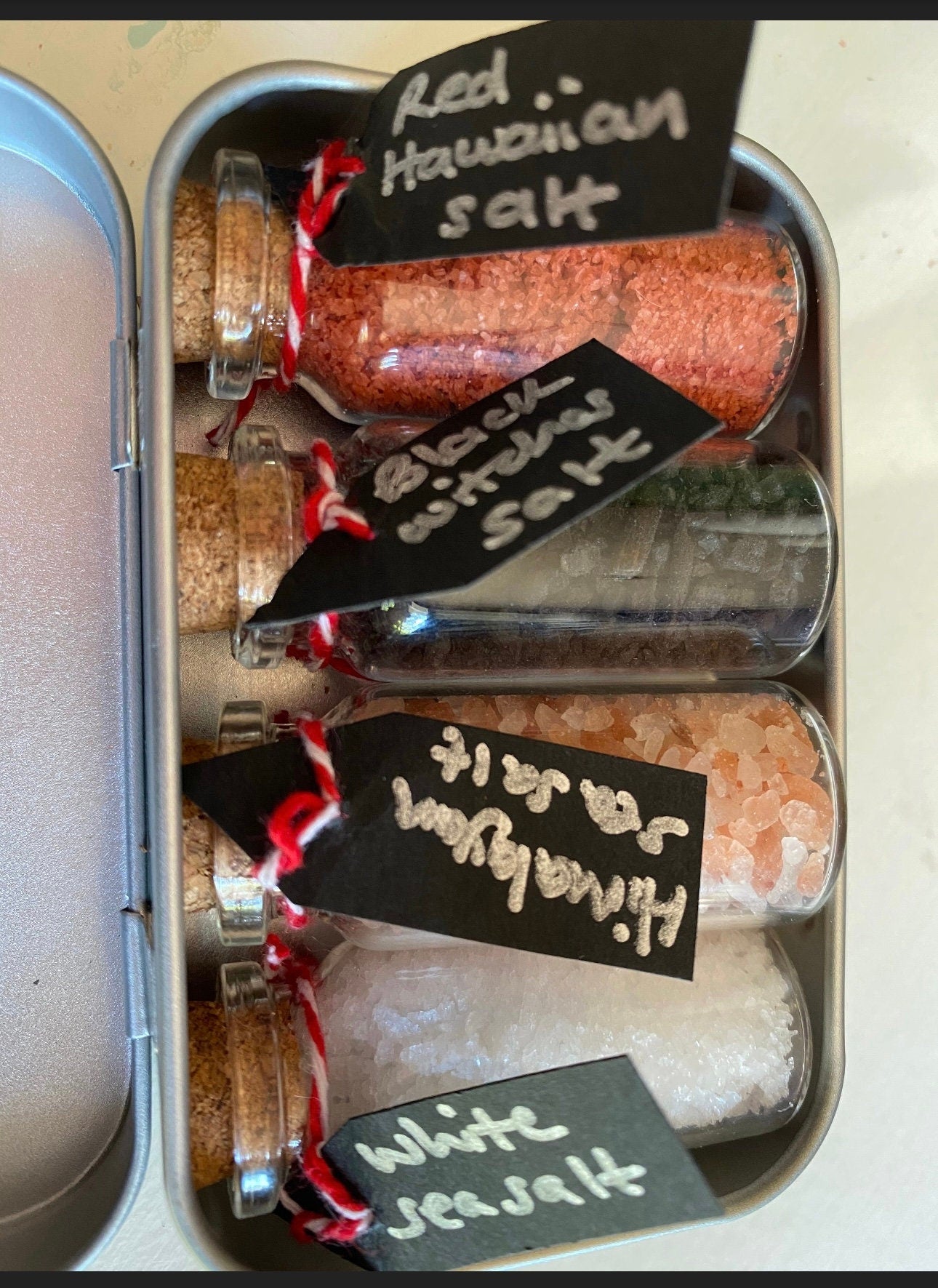 Four witches salts in a tin, witchcraft, ritual salts, wiccan altar, correspondents