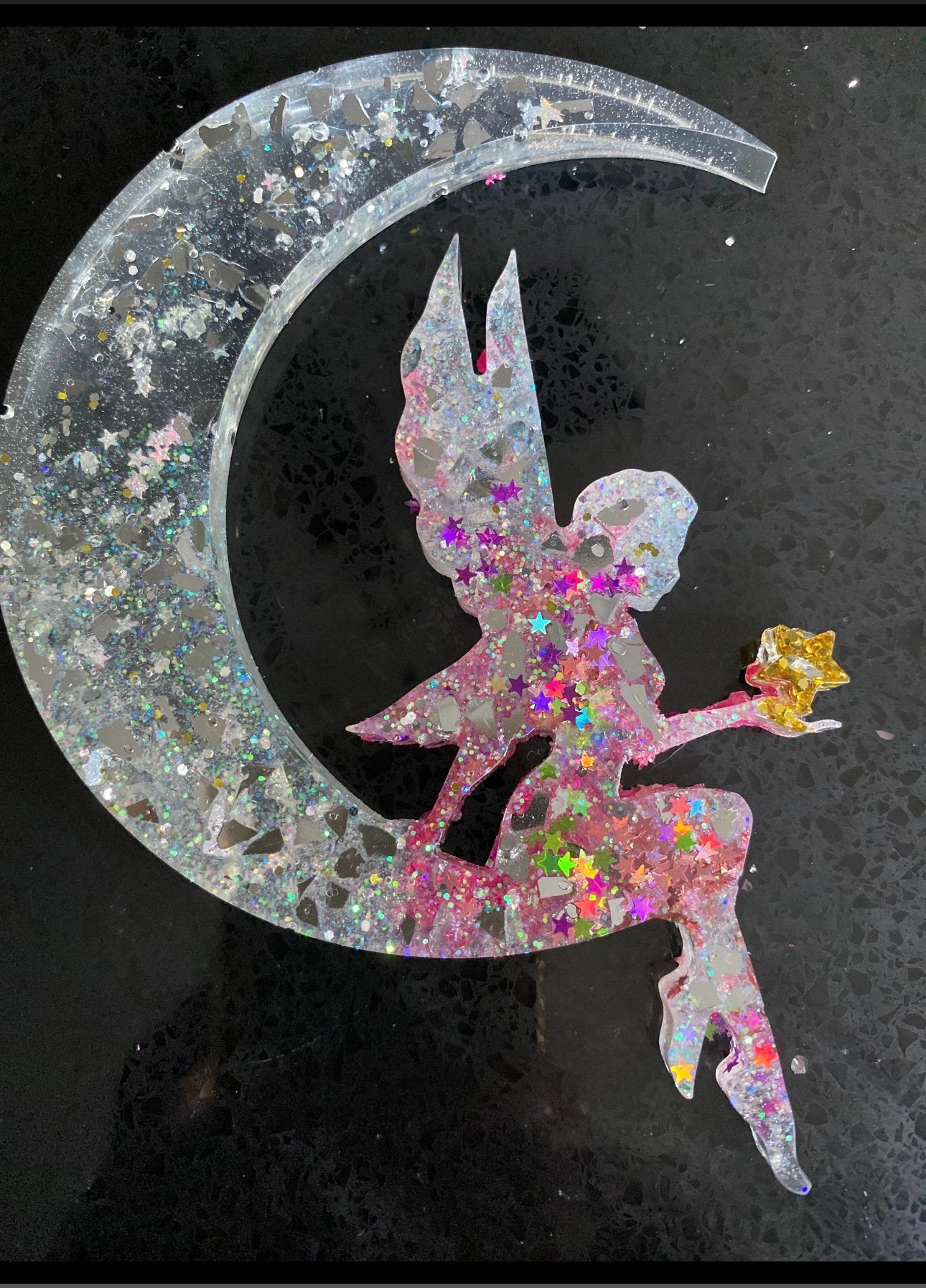 Fairy on a crescent moon epoxy resin art child bedroom birthday gift child
