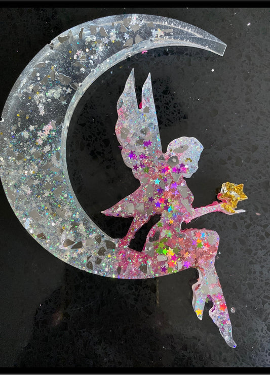 Fairy on a crescent moon epoxy resin art child bedroom birthday gift child
