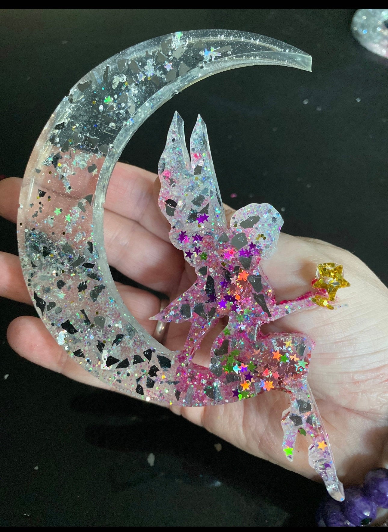 Fairy on a crescent moon epoxy resin art child bedroom birthday gift child